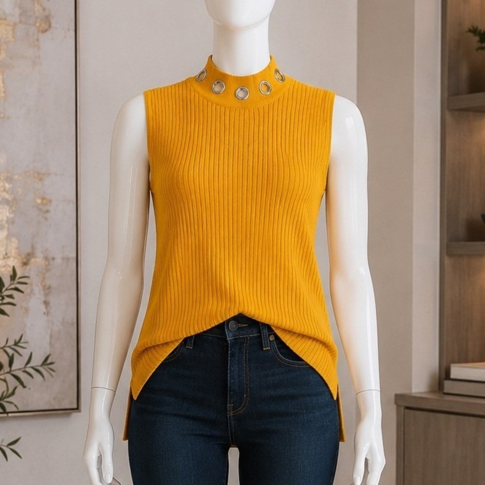 89th & Madison Womens Sleeveless Top Ribbed Grommet Neck Yellow XL